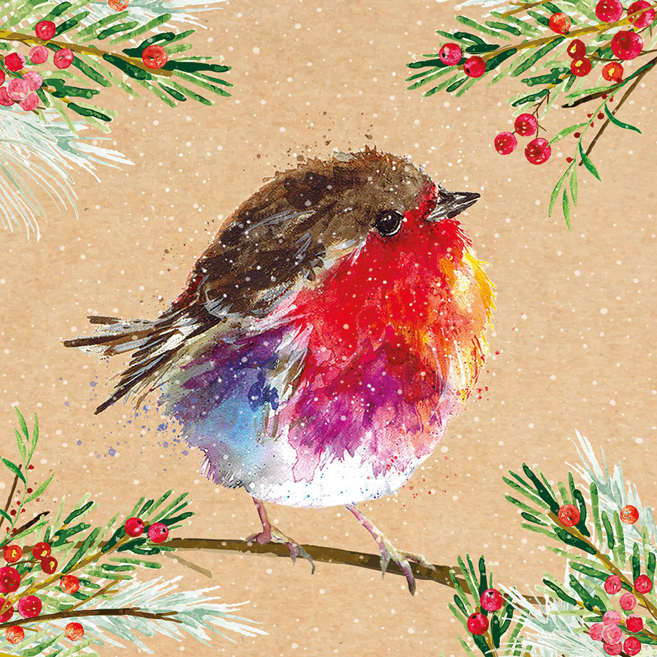 Fluffy Robin on Kraft Charity Christmas Cards - Pack of 10