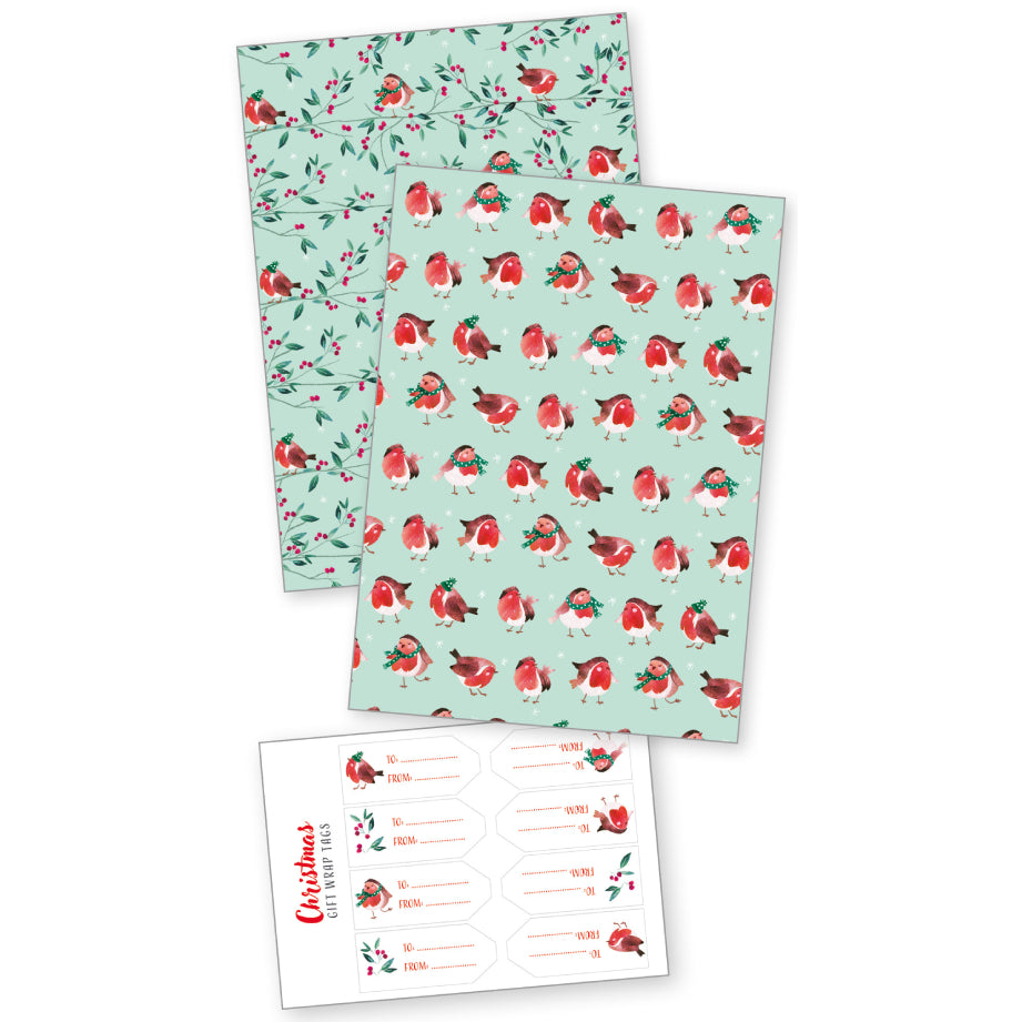 Winter Robin Charity Christmas Gift Wrap - 8 Sheets and Tags