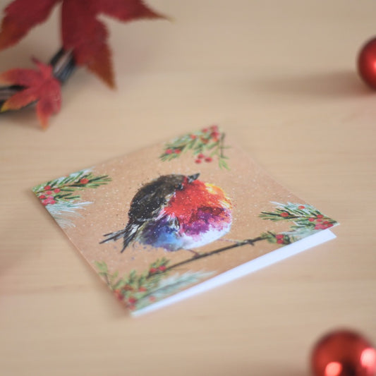 Fluffy Robin on Kraft Charity Christmas Cards - Pack of 10