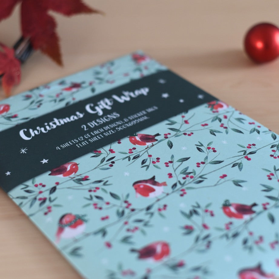 Winter Robin Charity Christmas Gift Wrap - 8 Sheets and Tags