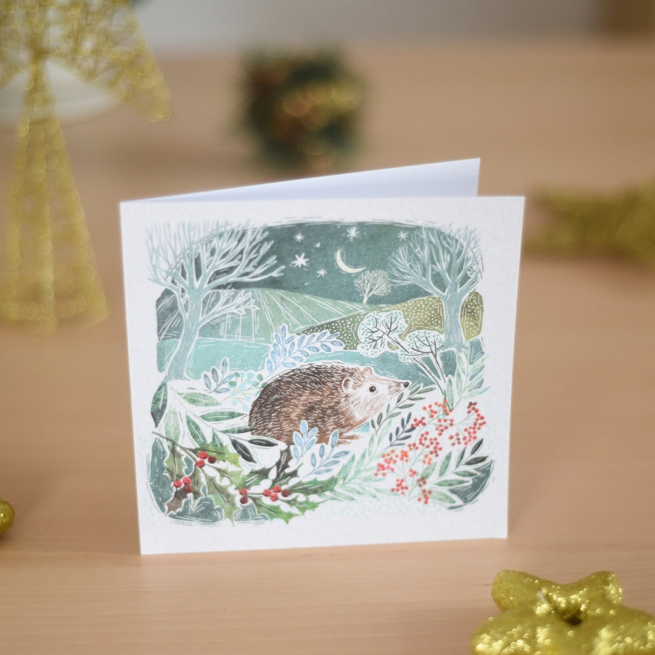 Hedgehog Woodprint Charity Christmas Cards - Pack of 10
