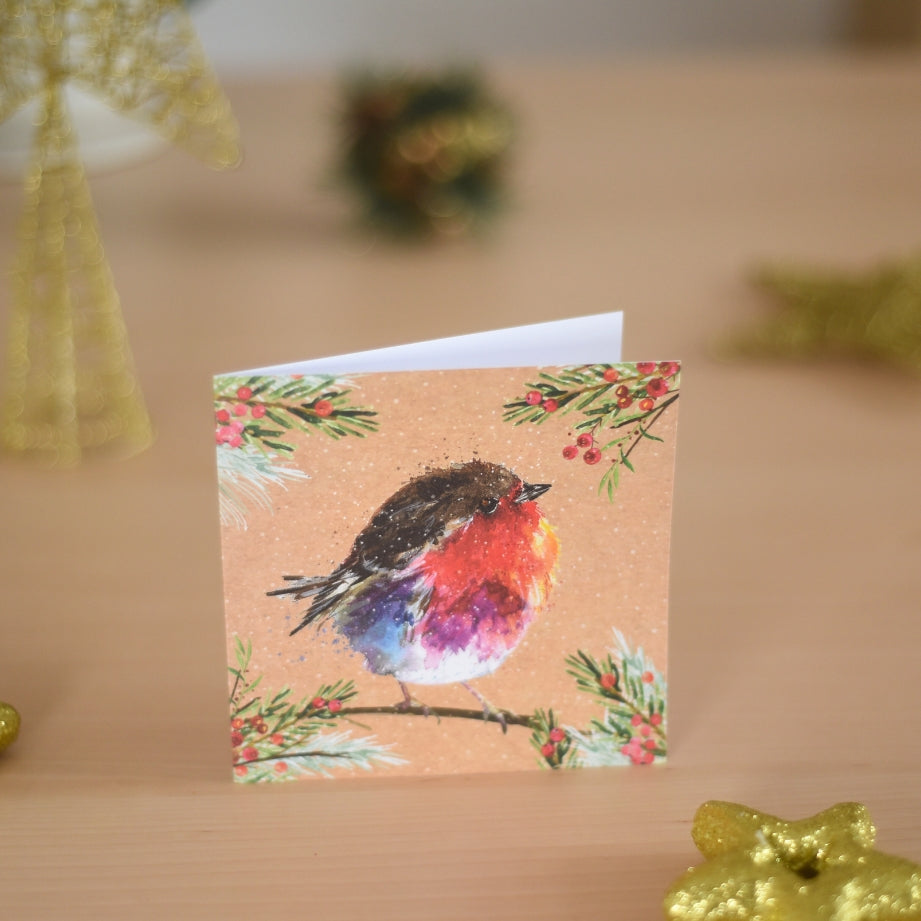 Fluffy Robin on Kraft Charity Christmas Cards - Pack of 10
